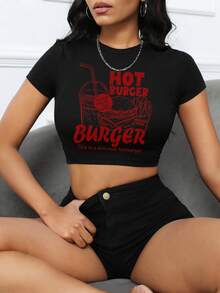 SHEIN Slayr Của phụ nữ Hamburger Và Khoai tây chiên In thư Ngắn tay Thon gọn Áo thun - màu đen - Xem 4