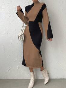 SHEIN Essnce Khối màu Áo cao cổ Tay áo dài Đầm Áo len Không có thắt lưng - Nhiều màu - Xem 6