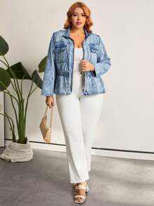 SHEIN LUNE Của phụ nữ Kích thước lớn Áo khoác denim Với Flap túi - Rửa tối - Xem 5
