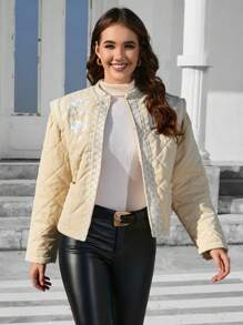 SHEIN Essnce 花卉刺绣长袖女士加厚棉服冬装 - 米色 - 查看 3