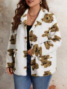 SHEIN Franclia 大尺碼卡通印花泰迪絨外套 - 白色 - 查看 3