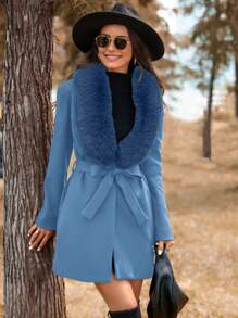 SHEIN LUNE Plush Shawl Collar Belted Woolen Coat - Baby Blue - View 1