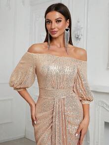 YISIKADO Vestido de vestir de hombros descubiertos de manga farol con lentejuelas - Champán - Ver 5