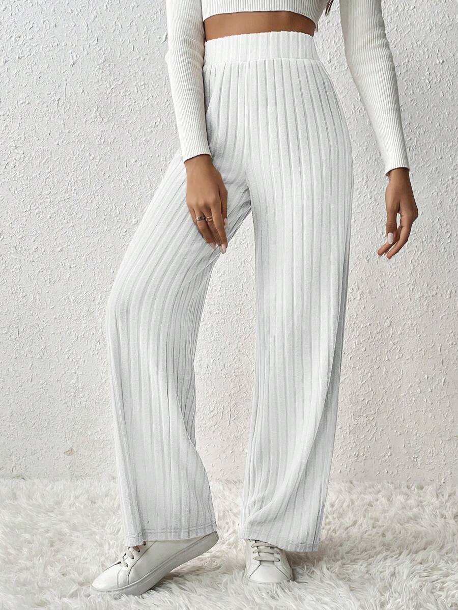 SHEIN Frenchy Women's Solid Color Ribbed Knit Long Pants Winter White
