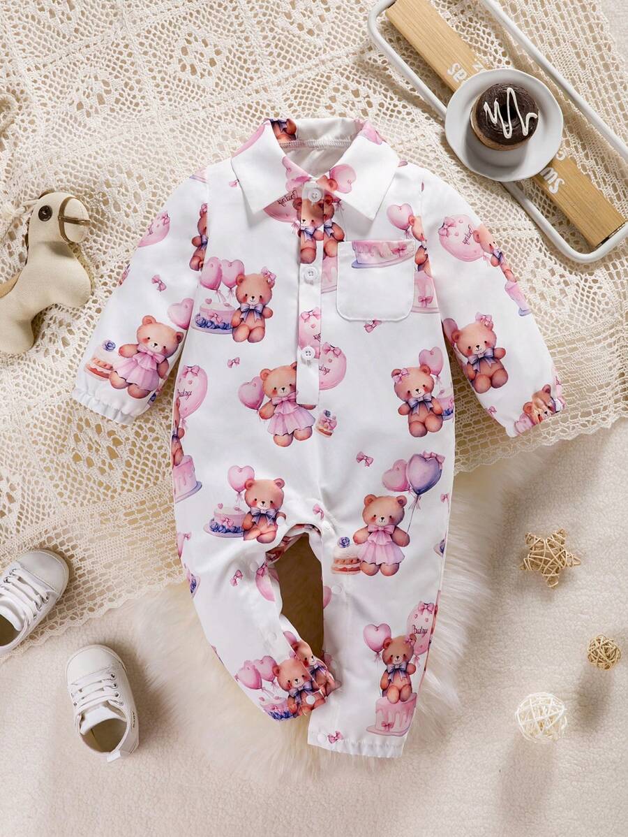 Baby Girl Bear Pattern Long Sleeve Jumpsuit - Pink - View 1