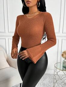 SHEIN SXY 女士純色波浪袖毛衣 - 鏽棕色 - 查看 3