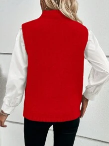 SHEIN Essnce Women's Half-high Collar Split Hem Knitted Sweater Vest - Red - View 2