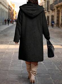 Calvaya Plus Lapel Neck Dual Pocket Teddy Coat - Black - View 2