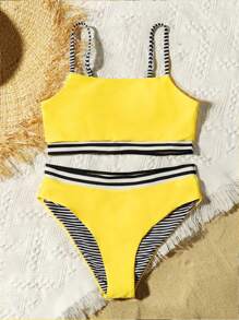 Tween Girl Cute Stripe And Floral Print Bikini Set Summer Beach - Yellow - View 1