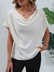 SHEIN Privé Draped Collar Batwing Sleeve Blouse - Apricot - View 5