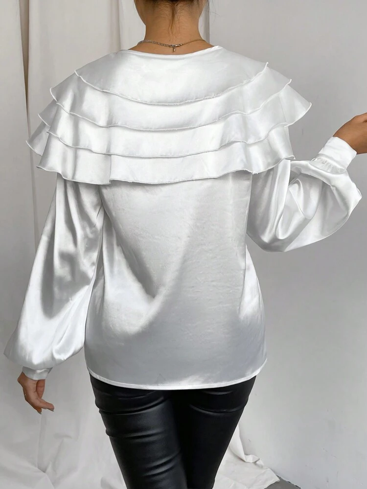 Summer Wedding Daily Elegant Holiday Date INS Music Festival Multilayer Ruffle Hem Lantern Sleeve V-Neck Self Tie Long Sleeve Blouse