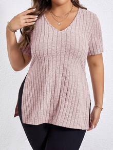 SHEIN Essnce Plus Size Women's Split Hem Tank Top With Asymmetrical Stripes - Baby Pink - View 3