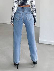 EURMUSE Ladies' High Waist Straight Leg Asymmetrical Hem Jeans - Medium Wash - View 2