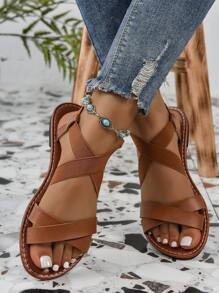 女款大尺碼一腳蹬舒適輕便休閒平底涼鞋適合春夏服裝 - 棕色 - 查看 5