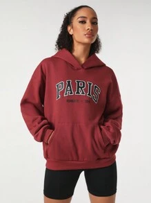 BiskyBusy Collection Của phụ nữ In thư Thả vai áo có mũ Lông cừu Áo nỉ - Màu Đỏ Sâu - Xem 5