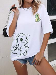 SHEIN LUNE Của phụ nữ Đồ họa khủng long Ngắn tay Áo thun - trắng - Xem 1