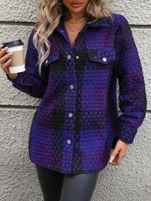 SHEIN LUNE 女士落肩領格子呢大衣 - 紫色 - 查看 5