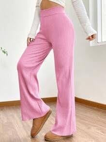 SHEIN EZwear Ladies' Solid Color Flare Leg Sweater Pants - Pink - View 4