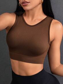 Easithlete Rib-Knit Short Sports Tank Top Gym Top Fitted Shirt - Brown - View 1