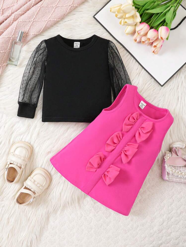 Little Girls' Elegant Bow Knot Pattern Long Sleeve Top And Overall Dress Set Spring & Autumn