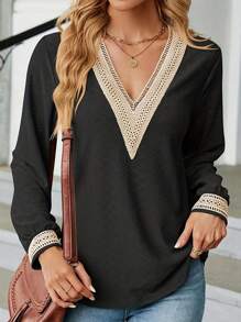 Women's Plus Lace V-Neck Long Sleeve T-shirt - Black - View 1