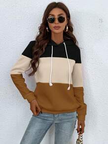 SHEIN LUNE Women's Colorblock Hooded Sweatshirt With Drawstring - Multicolor - View 5
