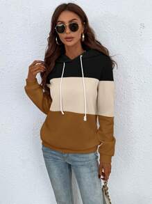 SHEIN LUNE Women's Colorblock Hooded Sweatshirt With Drawstring - Multicolor - View 6
