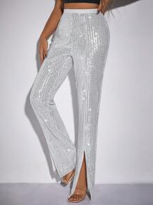 SHEIN Allurite 女士閃亮高分裂長褲 - 銀色 - 查看 4