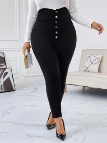 SHEIN Privé Pantalones Ajustados De Talla Grande Con Cintura Alta Y Cremallera De Botón - Negro - Ver 11