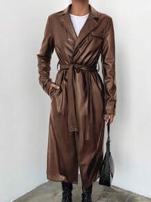 SHEIN Women's Belted Trench Coat With Lapel Collar - Chocolate Brown - View 4
