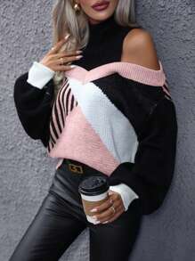 SHEIN LUNE Women'S Colorblock Cold Shoulder Sweater - Pink - View 5