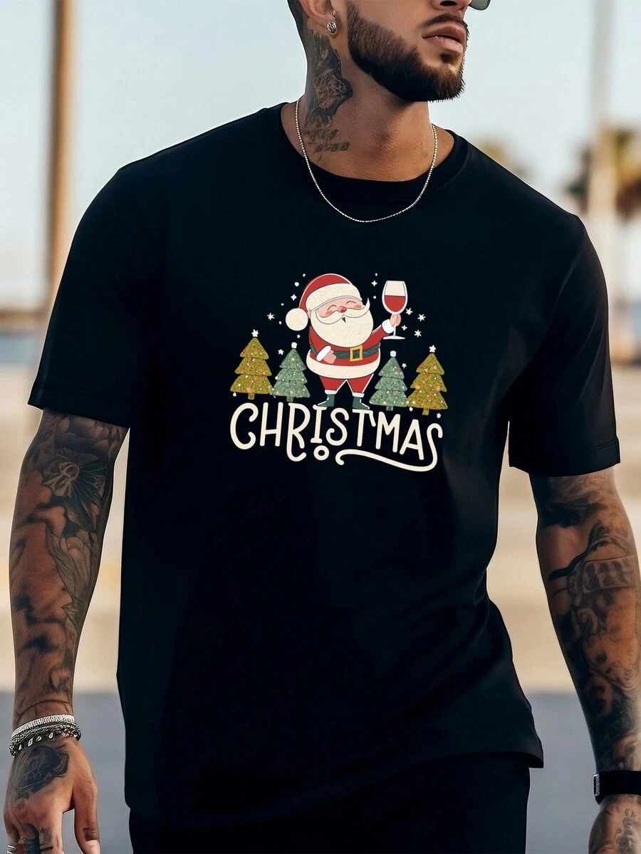 Men Christmas Print Tee - Black - View 1