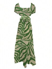 Allover Print Off Shoulder Cut Out Waist Ruffle Hem Dress - Olive Green - View 3