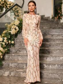 Vestido de fiesta elegante Unithorse con contraste de lentejuelas y bajo a la cola de sirena, manga larga, para ceremonias formales, bodas, fiestas, graduaciones y cumpleaños