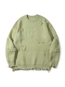 ANDREILEE Casual Loose Fit Crew Neck Sweater With Letter Embroidery, Star Distressed Fringe Hem, Versatile Long Sleeve Knit Top For Men And Women, Suitable For Spring, Autumn, Winter - Mint Green - View 1