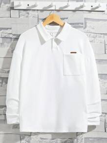 SHEIN Thiếu niên Con trai Thoải mái Cơ bản Màu thuần Vòng cổ Tay áo dài Áo Đối với Giải trí Mặc - trắng - Xem 1