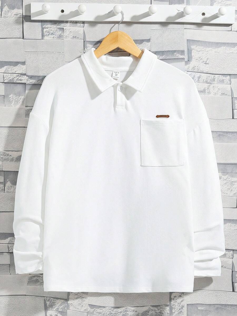 SHEIN Thiếu niên Con trai Thoải mái Cơ bản Màu thuần Vòng cổ Tay áo dài Áo Đối với Giải trí Mặc - trắng - Xem 1