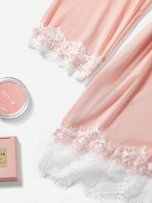 Women's Fashionable Pink Robe With Lace Trim - Pink - View 3