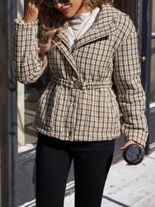SHEIN LUNE Damen karierte gepolsterte Kapuzenjacke - Khaki - Übersicht 5