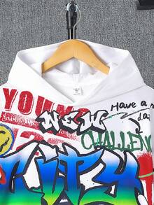 SHEIN Teen Boys' Casual Comfortable Letter Dinosaur Print Hoodie And Knitted Pants Set - Multicolor - View 3