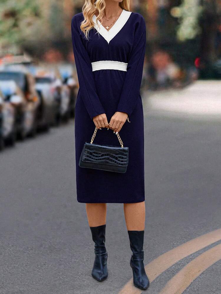 Women's V-neck Pocket Design Dress