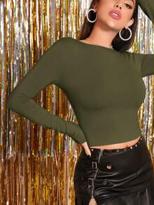 SHEIN BAE Dệt kim Mở Lưng Tay áo dài Áo thun - xanh quân đội - Xem 5