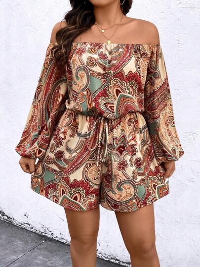 SHEIN Clasi Plus Size Women's Botanical Printed Off-Shoulder Romper With Lantern Sleeves Fall Cloth For Women