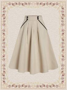 Vintamour 女款拼色鈕扣細節摺疊裙 - 卡其色 - 查看 1