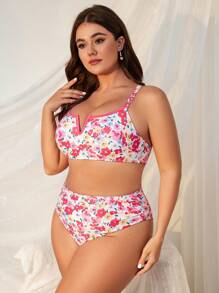 Swim Mod Plus Size Women's Floral Pattern Notched Neck Bikini Set Summer Beach - Multicolor - View 5