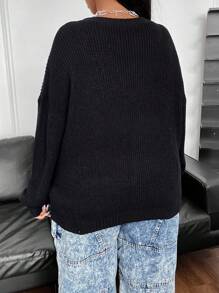 Flirla Pull ample en tricot avec imprimé lettres pour femmes grandes tailles, pull en tricot à épaules tombantes pour l'automne et l'hiver - Noir - Voir 2
