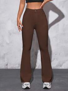 SHEIN PETITE 女士實色喇叭牛仔褲,印花口袋設計 - 棕色 - 查看 5