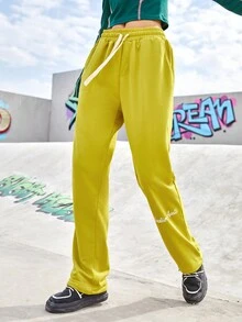 Street Sport 女士字母印花束口腰運動長褲 - 芥末黃 - 查看 4