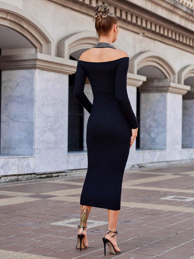 Solid Color Long Sleeve Halter Neck Bodycon Dress