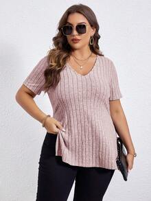 SHEIN Essnce Plus Size Women's Split Hem Tank Top With Asymmetrical Stripes - Baby Pink - View 7